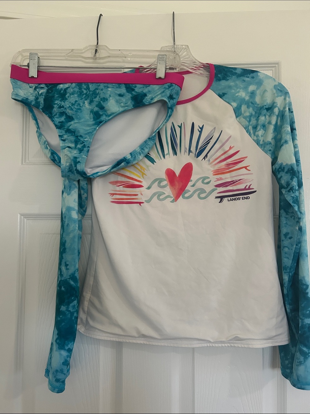 Lands' End Girls' White & Teal Long-Sleeve Rash Guard Top - Heart Graphic